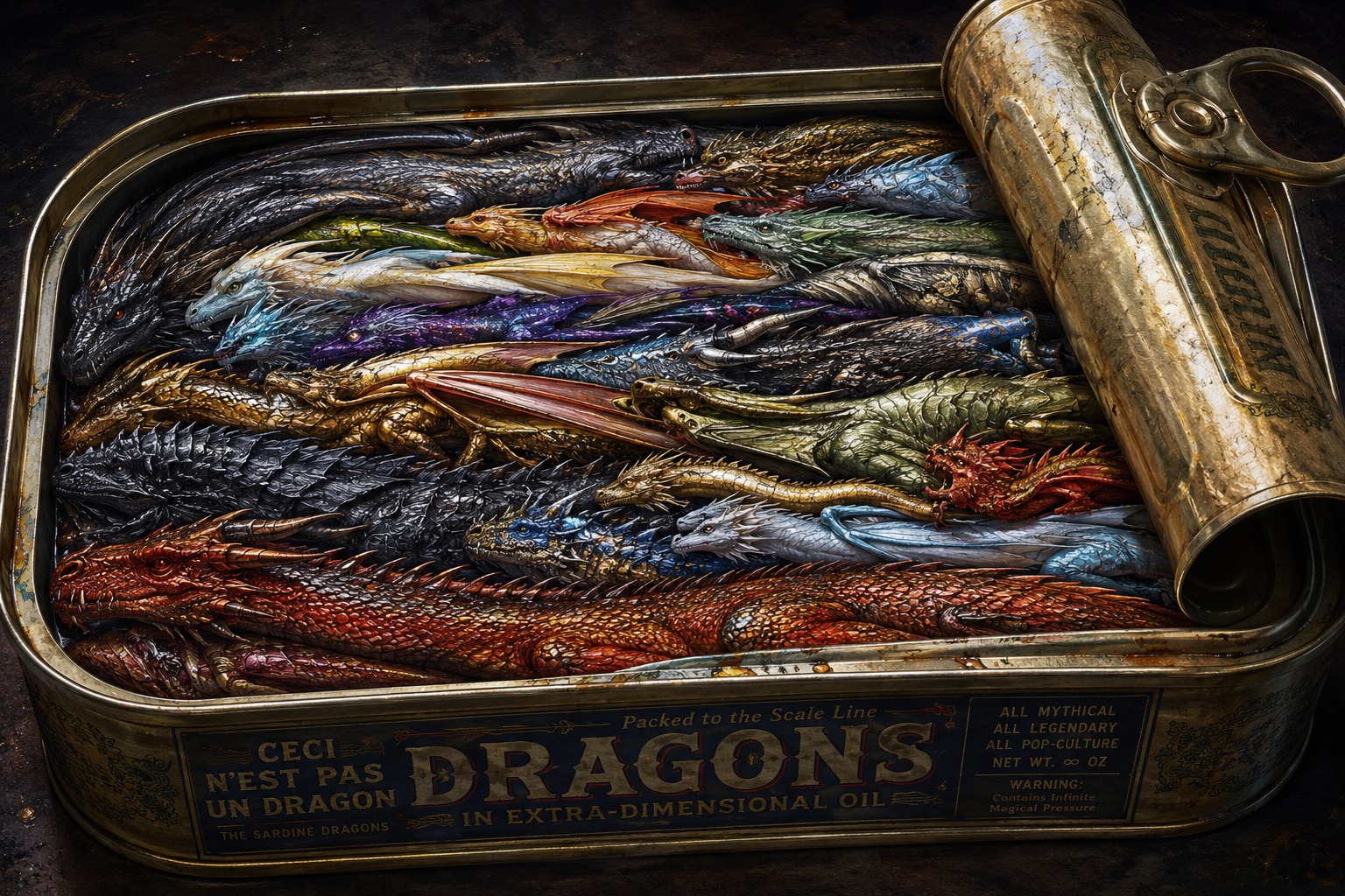 Open tarnished pull-top tin can packed full of tiny, colorful assorted mythical dragons arranged like canned sardines.