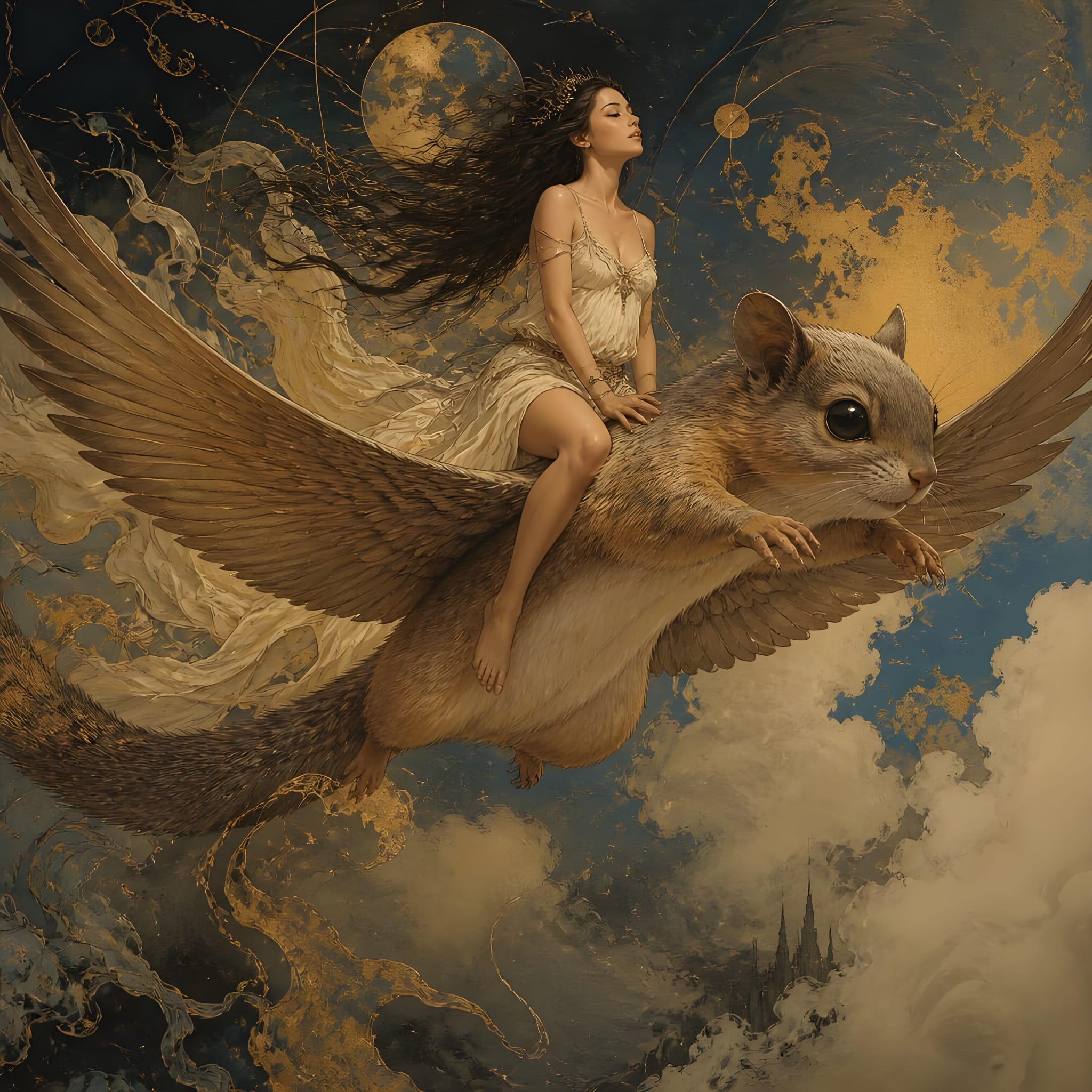 Ethereal fantasy woman riding a giant winged squirrel through a gilded celestial sky above fluffy clouds.