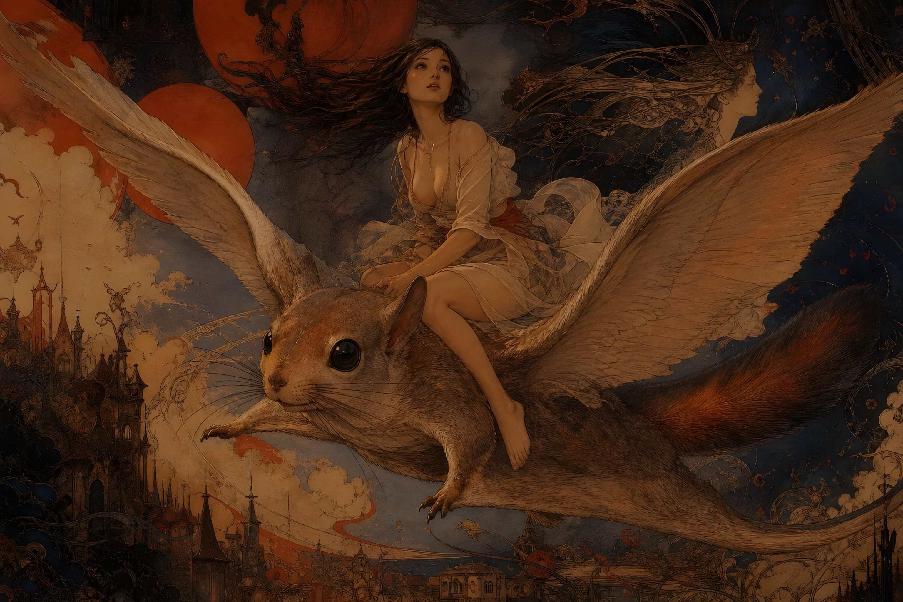 [Young woman riding a giant winged flying squirrel soaring above a fairytale city under glowing red celestial orbs, fantas...