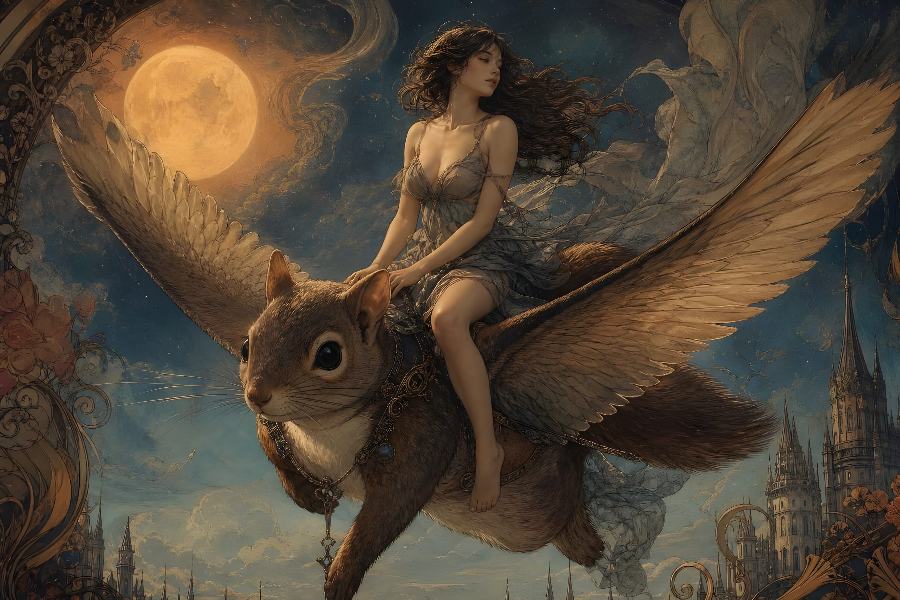 [Fantasy illustration of a fairy woman riding a giant winged squirrel beneath a glowing full moon over a gothic castle lan...