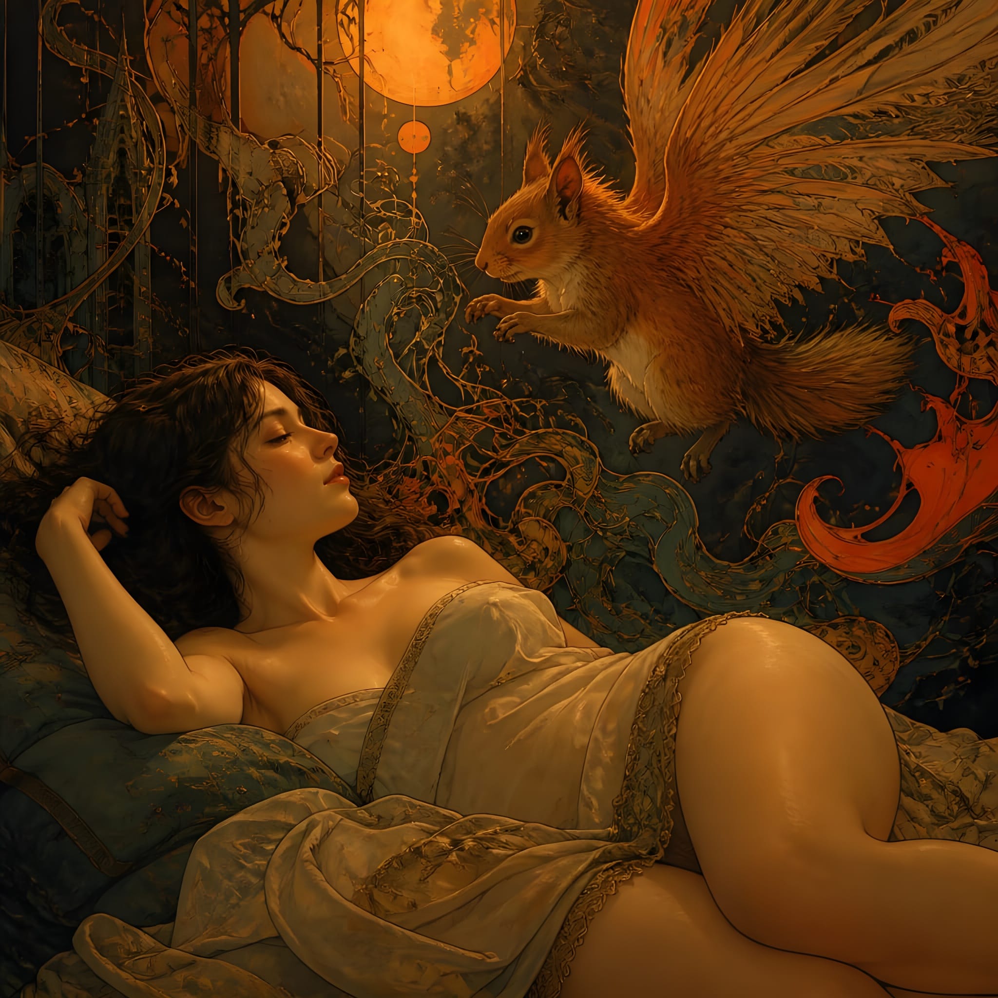Reclining sleeping fantasy woman with a winged golden squirrel hovering above her in an ornate moonlit dreamscape