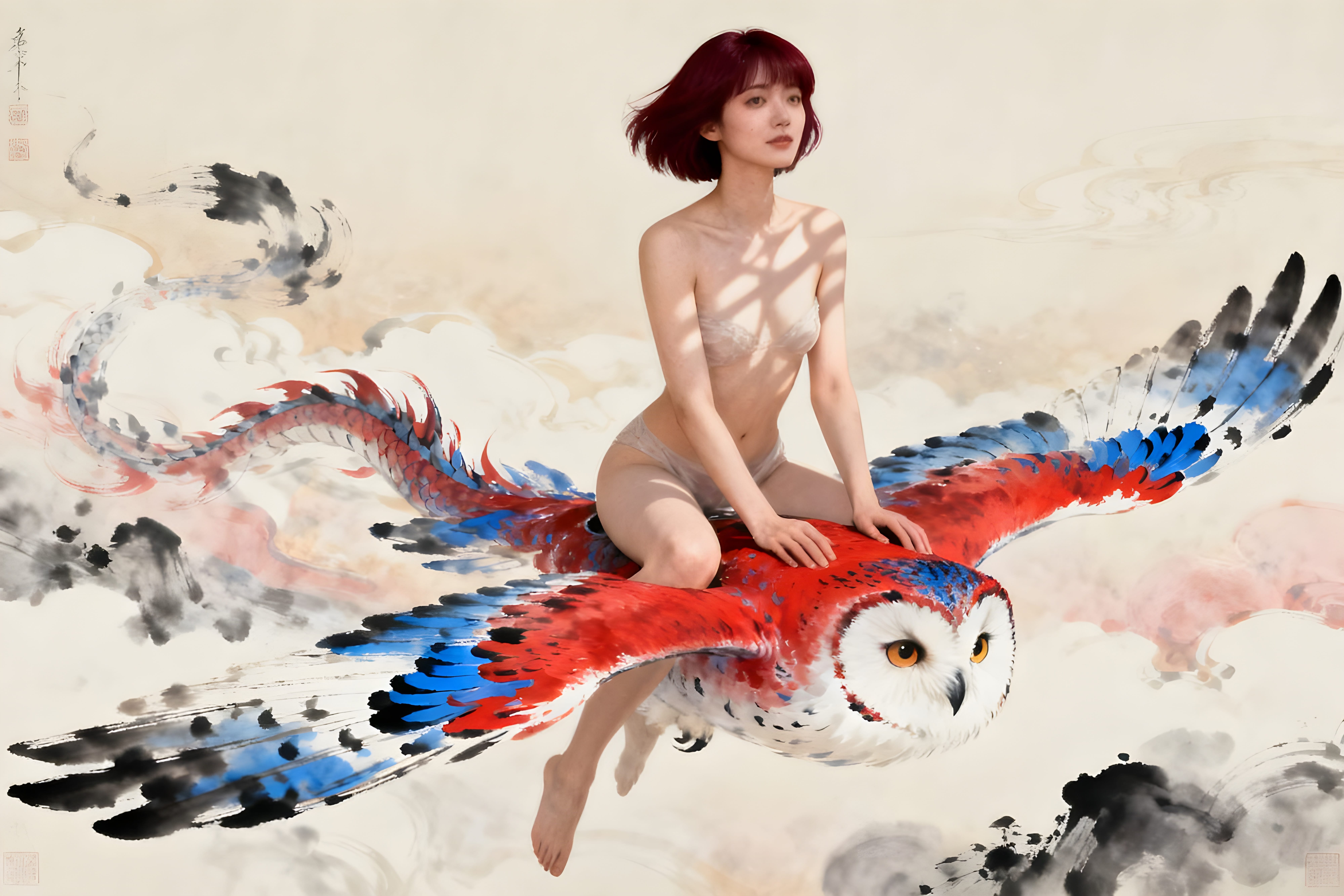 Young woman with short red hair riding a vibrant mythical owl-dragon hybrid across ink wash cloud background.