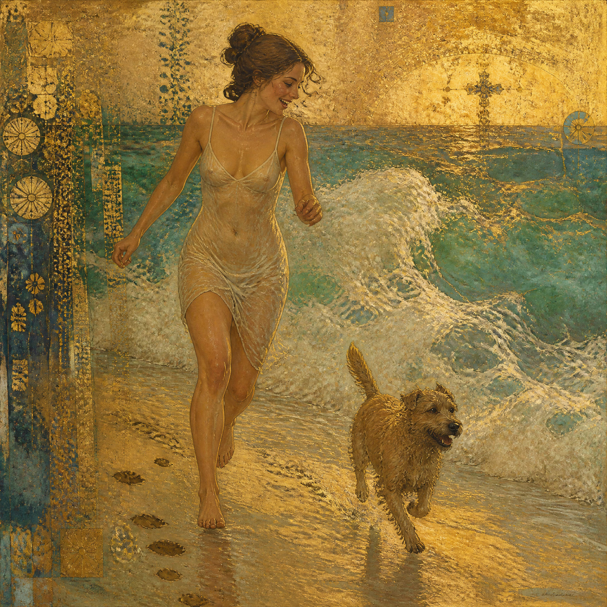 [Gilded Art Nouveau painting of a smiling woman running on a golden beach alongside her terrier dog, with crashing turquoi...