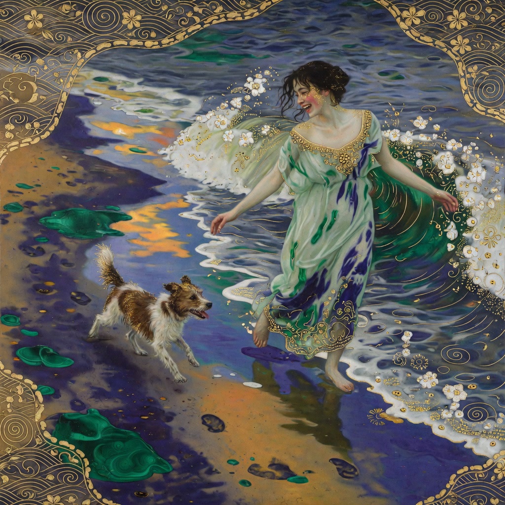 Ornate Art Nouveau painting of a laughing barefoot woman playing with her small dog at a gilded decorative beach shore.