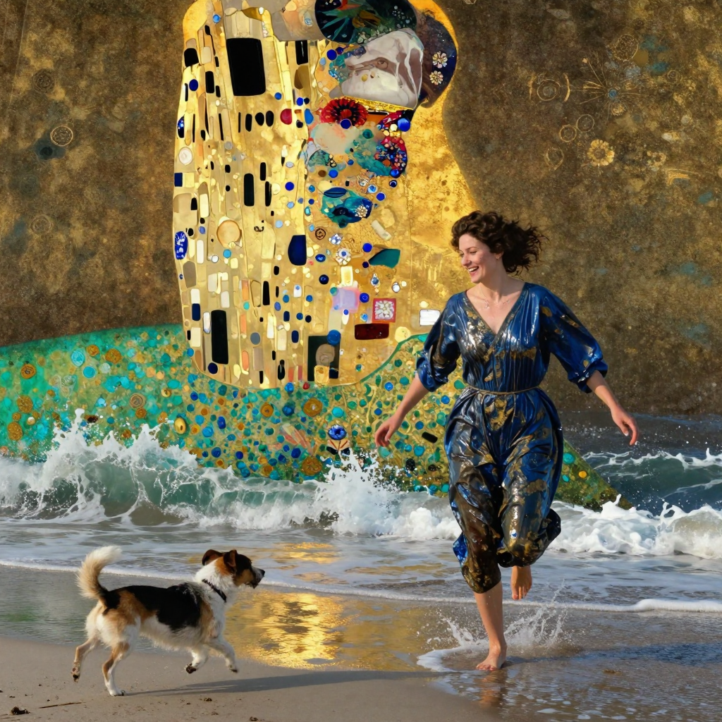 [Joyful barefoot woman runs with Jack Russell terrier on beach, gilded Klimt The Kiss artwork rises from ocean surf behind...