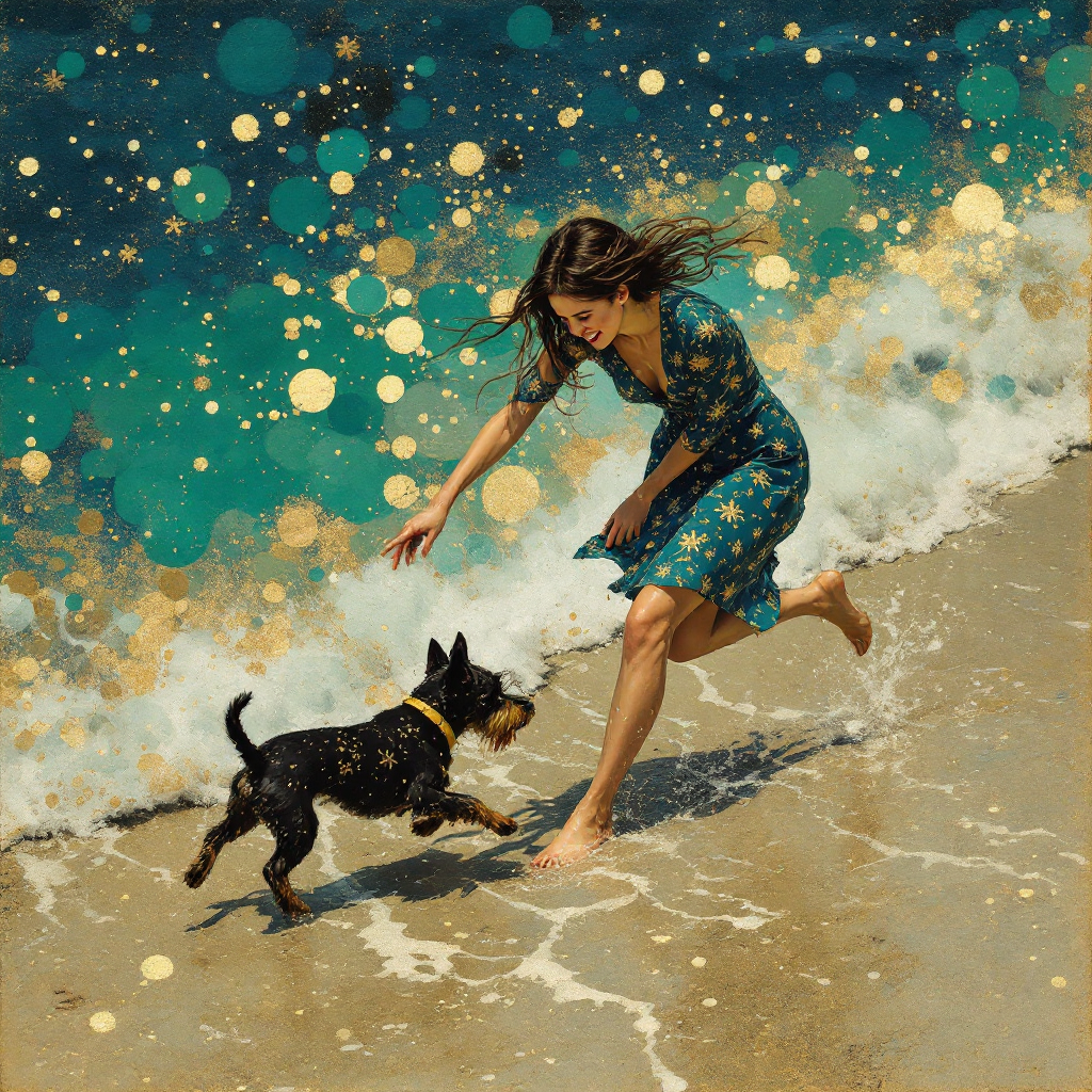 Joyful barefoot woman in a teal star dress plays with a black schnauzer on a sparkling sunlit beach shore.