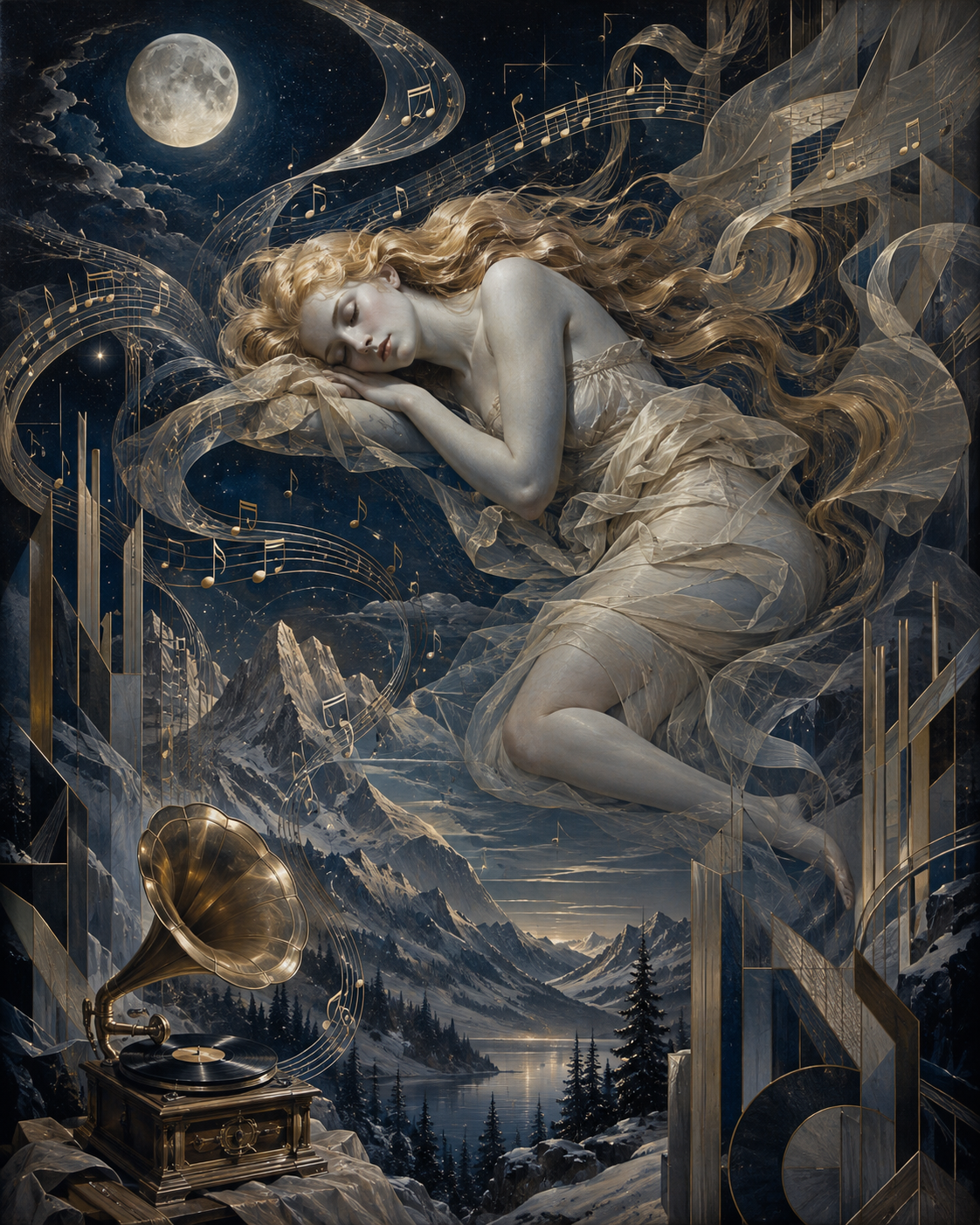 Surreal fantasy art of sleeping ethereal blonde woman floating above a moonlit mountain landscape, swirling musical notes ...