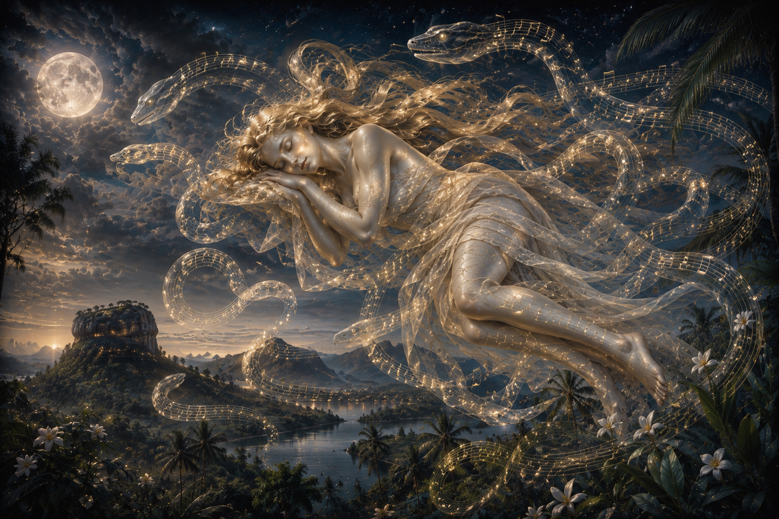 [Surreal sleeping gilded feminine spirit floats surrounded by glowing musical notation serpents over a moonlit tropical ni...