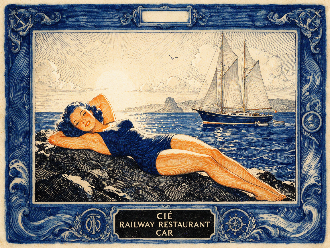 Vintage nautical menu illustration of a woman sunbathing on coastal rocks, with a sailboat on sunlit ocean in an ornate bl...