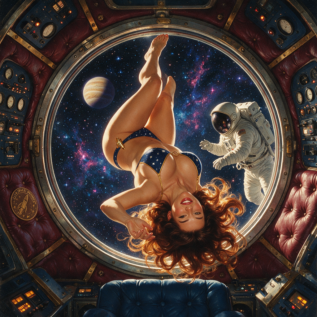 Weightless woman in a star patterned bikini floats outside a vintage spaceship porthole beside an astronaut in deep space