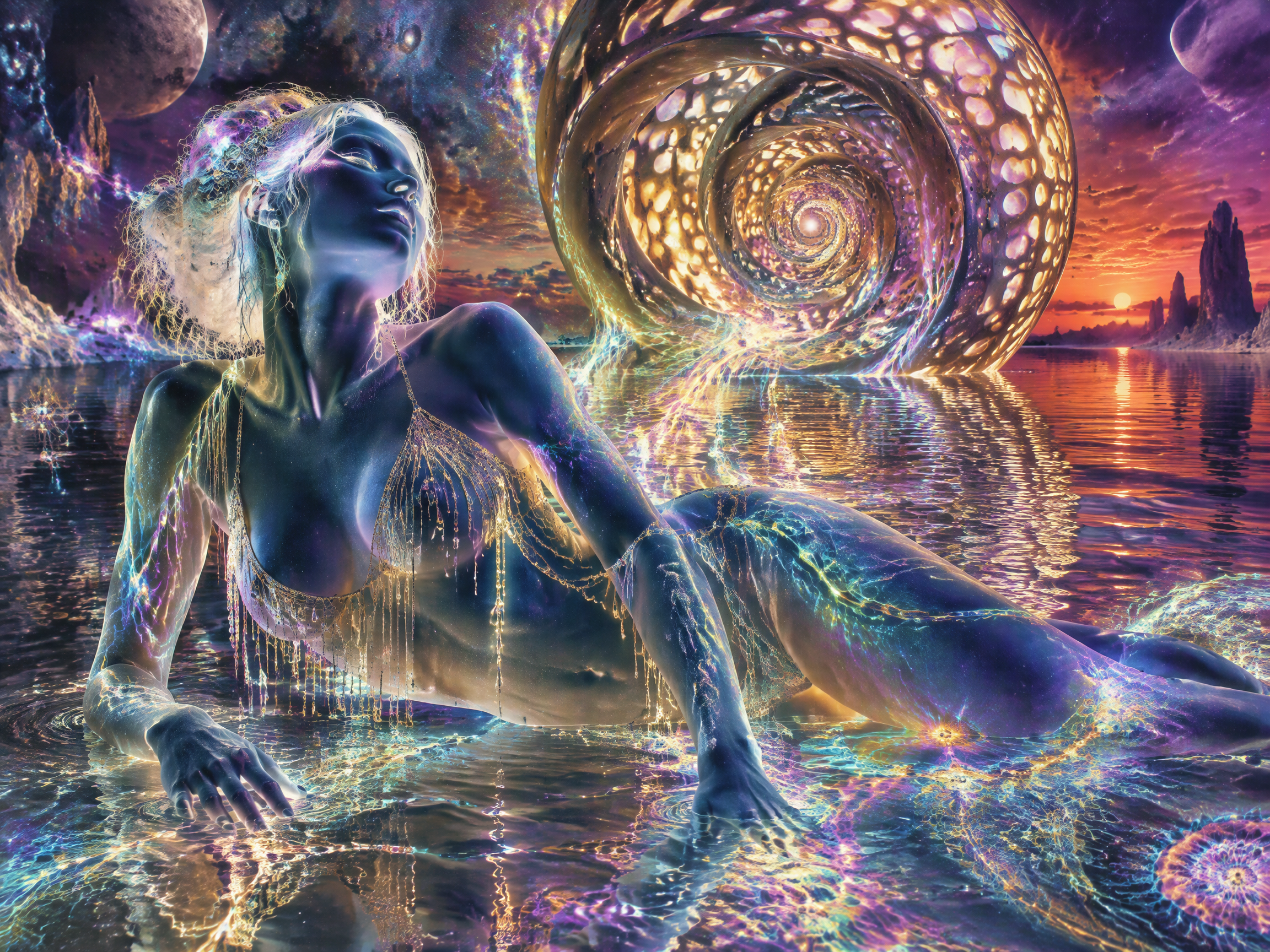Glowing ethereal celestial woman reclines in shimmering water beside a swirling golden spiral portal at alien sunset