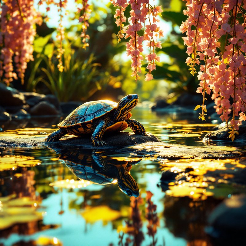 Sea turtle basking on a rock in a tranquil pond with pink flowering vines overhead.