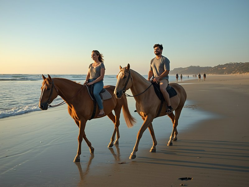Two people riding horses along a sunny beach at sunset.
