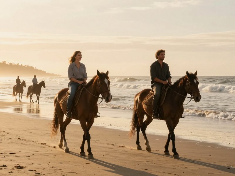 Two riders on brown horses along a sunset-lit beach with waves, distant riders in the background.