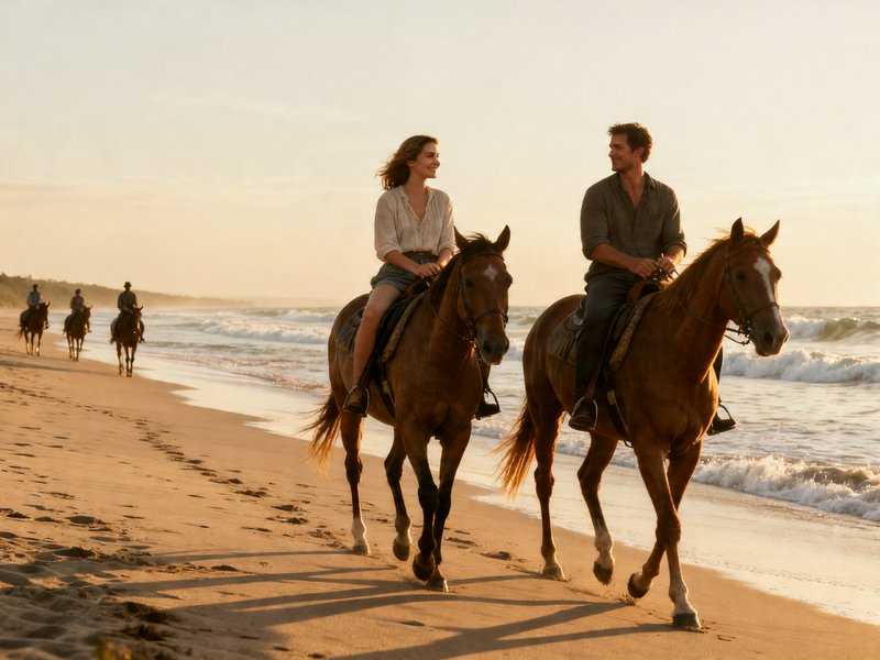 Two riders on brown horses along a sunlit beach at sunset with waves nearby.