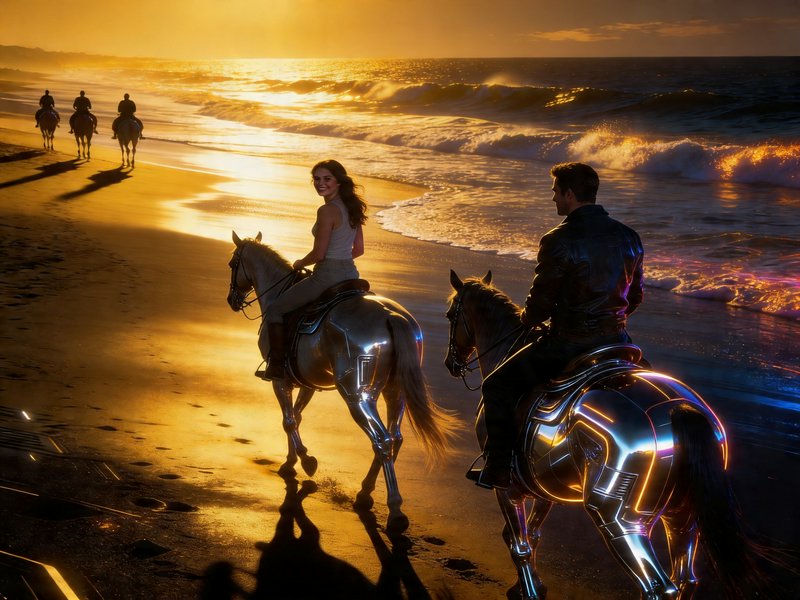 People ride shiny, metallic horses along a sunset beach with waves.