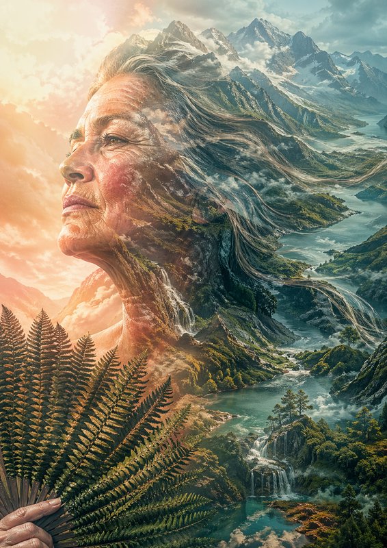 Double exposure portrait of an elderly woman blended with mountains and forest landscape.