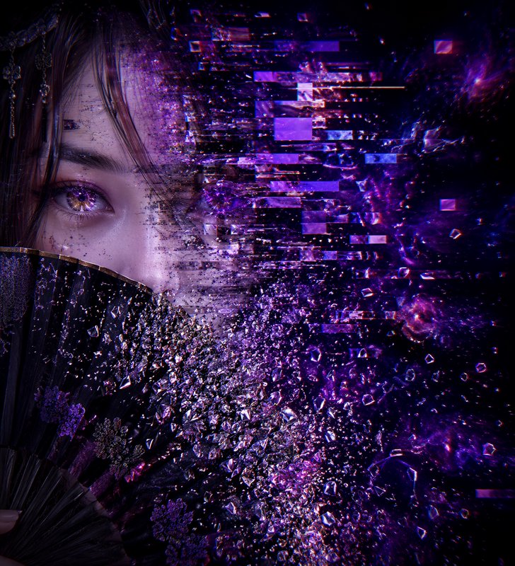 Close-up of a woman with a purple eye and ornate fan, surrounded by glittering purple shards.