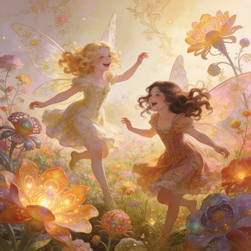 Two glowing fairy girls dancing in a sunny, magical garden with oversized luminous flowers.