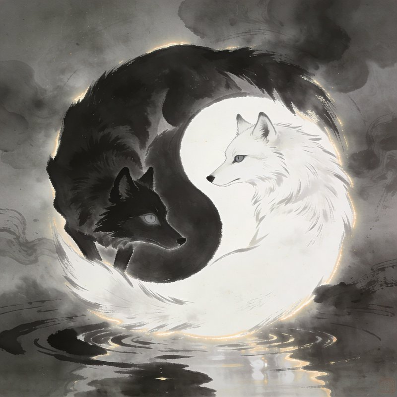 Yin-yang style painting of a black wolf and white wolf forming a circle with a moon and water reflection.