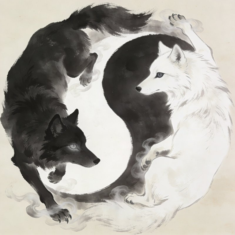 Black and white wolves intertwined in a yin-yang circle with smoky wisps.