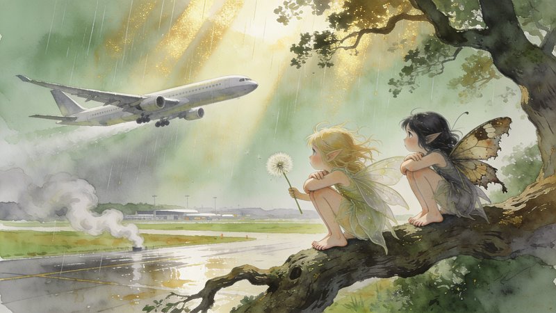 Two fairies sitting on a tree branch watching a plane take off in light rain over a misty landscape.