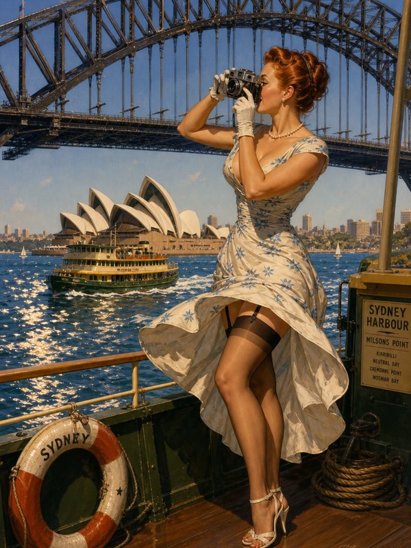 Vintage-clad woman with camera on a boat near Sydney Opera House and Harbour Bridge.