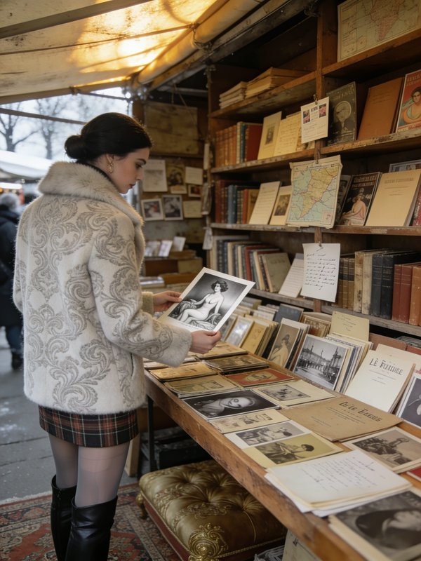 Elegant woman in an embroidered fur coat browses antique prints at an outdoor vintage book market stall