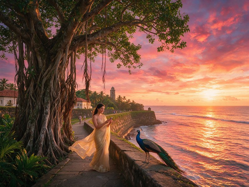Woman in a flowing golden sari stands beside a peacock on a coastal fort walkway at vibrant tropical sunset.