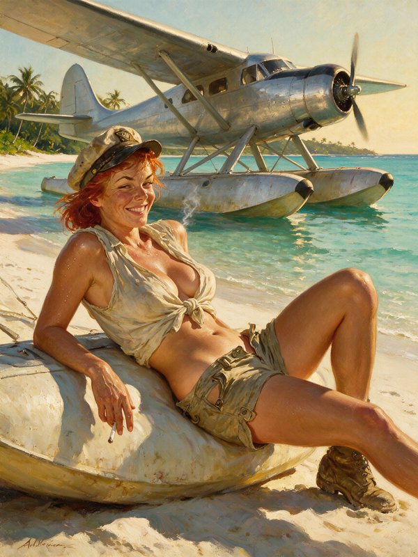 Cheerful redheaded female pilot reclines on a tropical beach beside a vintage seaplane, retro pinup oil painting.