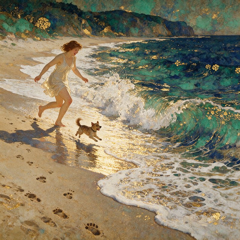 [Art nouveau painting of a laughing young woman running with a small dog along a glittering sunlit ocean beach shore.]