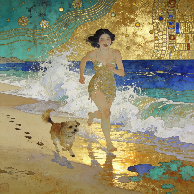 [Art Nouveau gilded painting of a smiling woman running along a beach shore alongside her small terrier dog]