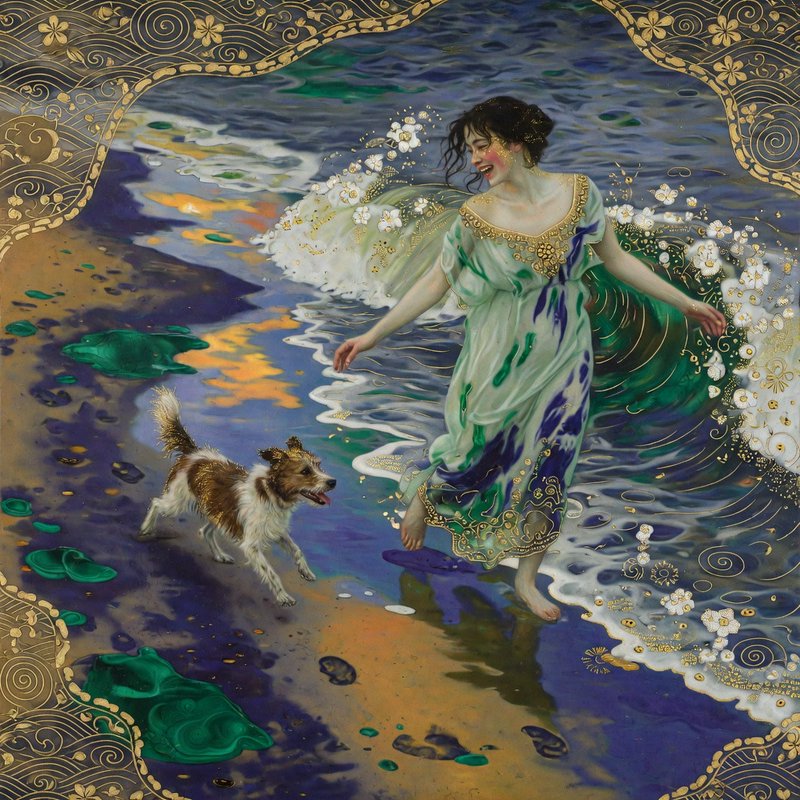 Ornate Art Nouveau painting of a laughing barefoot woman playing with her small dog at a gilded decorative beach shore.