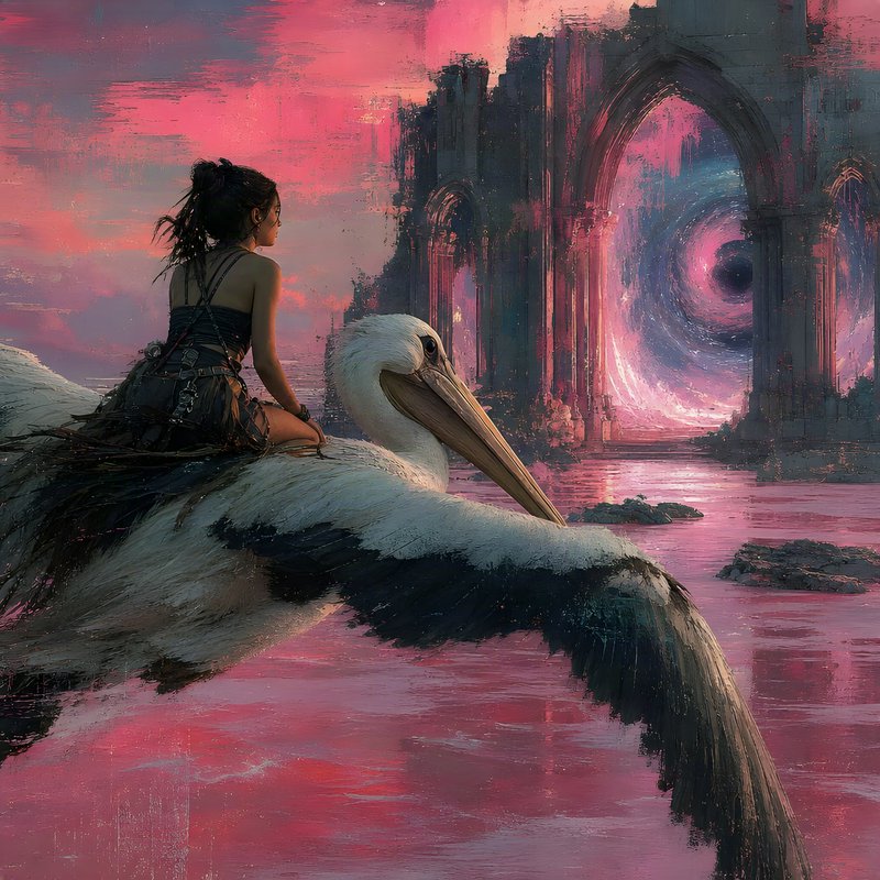 Young woman rides a giant pelican toward a swirling cosmic portal in gothic ruins over pink sunset waters.