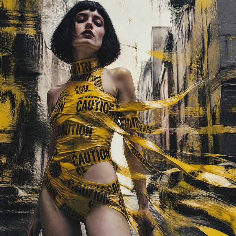 Woman with short black bob wrapped in yellow CAUTION tape, standing in a grungy textured urban alley setting
