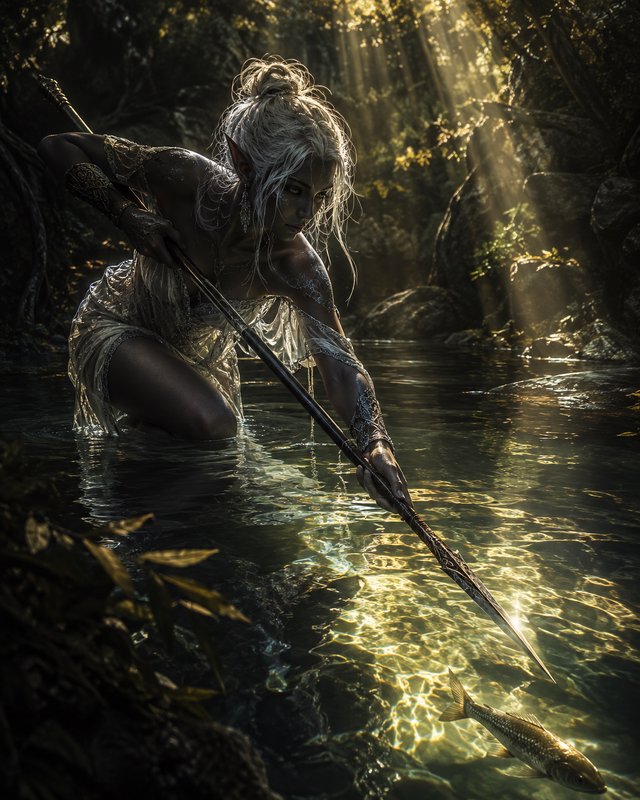 Platinum-haired elven huntress crouches in a sunlit forest stream aiming an ornate spear at a swi...