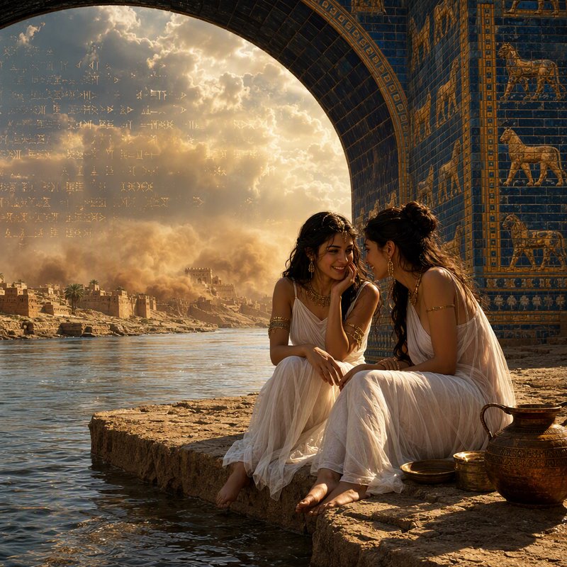 Two smiling ancient Babylonian women sit chatting on a river ledge beside the tiled Ishtar Gate a...