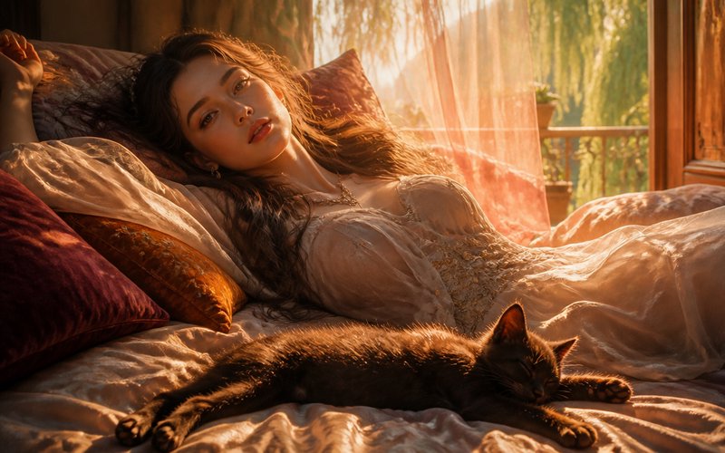 Woman reclines on a sunlit plush bed beside a sleeping black kitten, bathed in soft golden hour w...