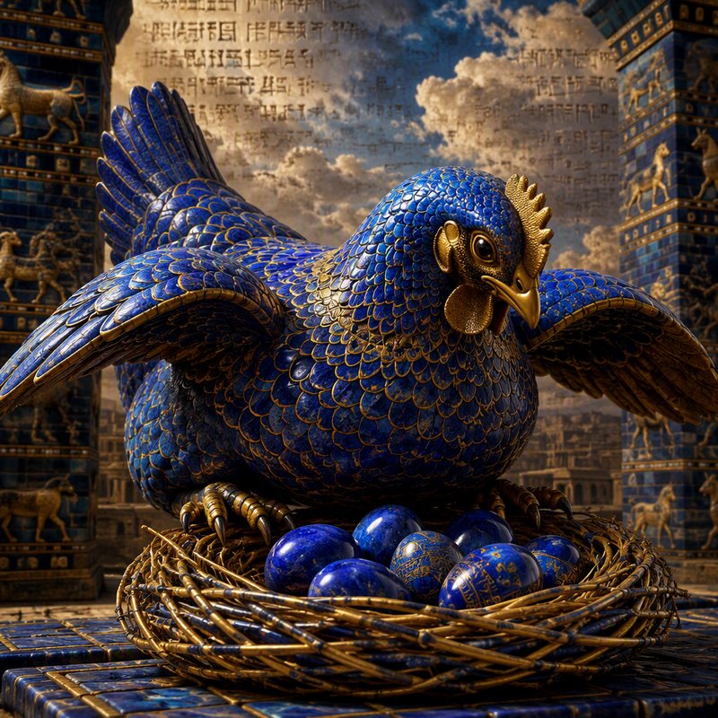 Ornate lapis lazuli and gold mythical hen guards jeweled blue eggs in a nest, ancient Babylonian ...