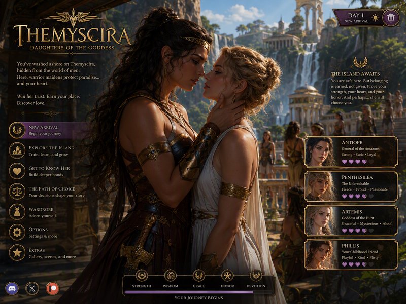 Themyscira visual novel main menu, showing an intimate moment between two Amazon women against a ...