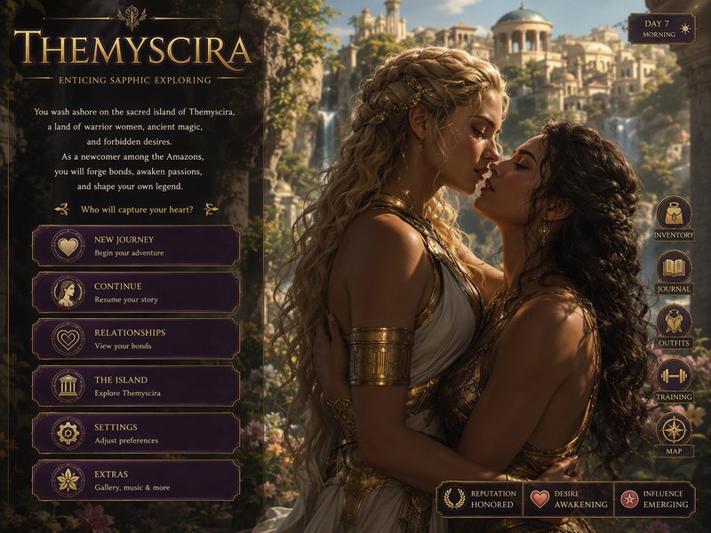Main menu screen for Themyscira sapphic romance game, two Amazon women share an intimate moment a...