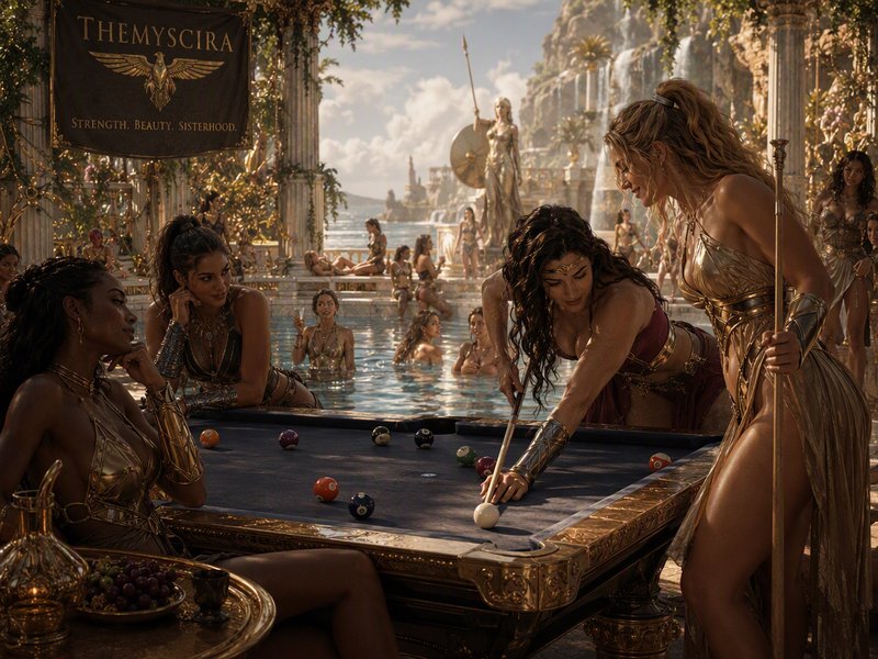 Amazons of Themyscira play billiards on an ornate gilded terrace overlooking a sunlit fantasy isl...