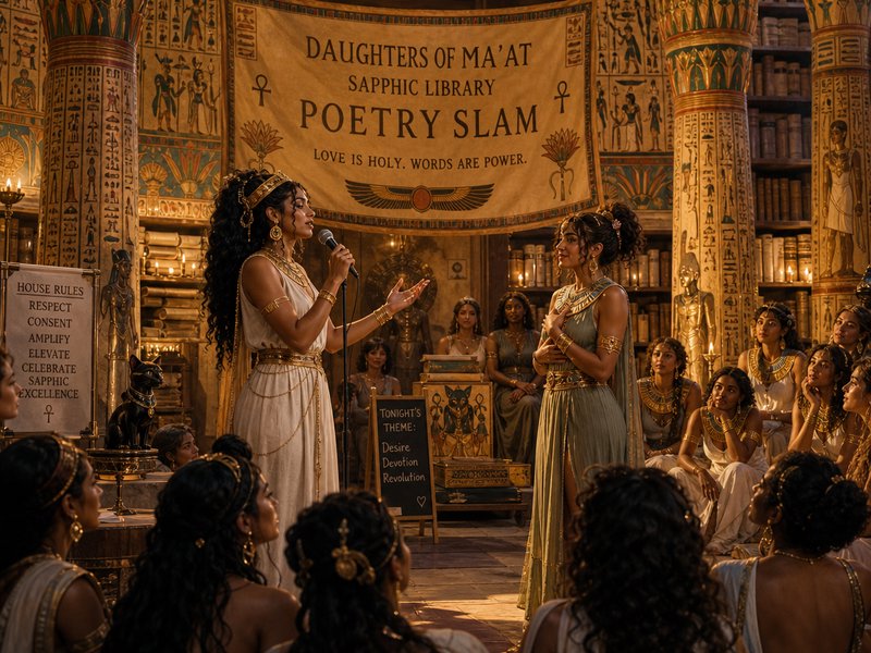 Performer speaks at Daughters of Ma'at Sapphic Library poetry slam in an ornate ancient Egyptian ...