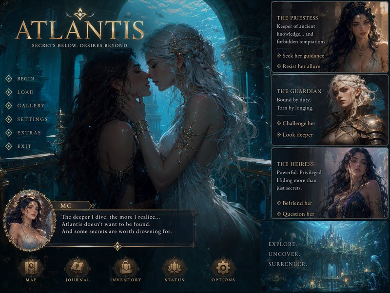 Atlantis fantasy romance visual novel main menu, underwater lost city setting with intimate chara...