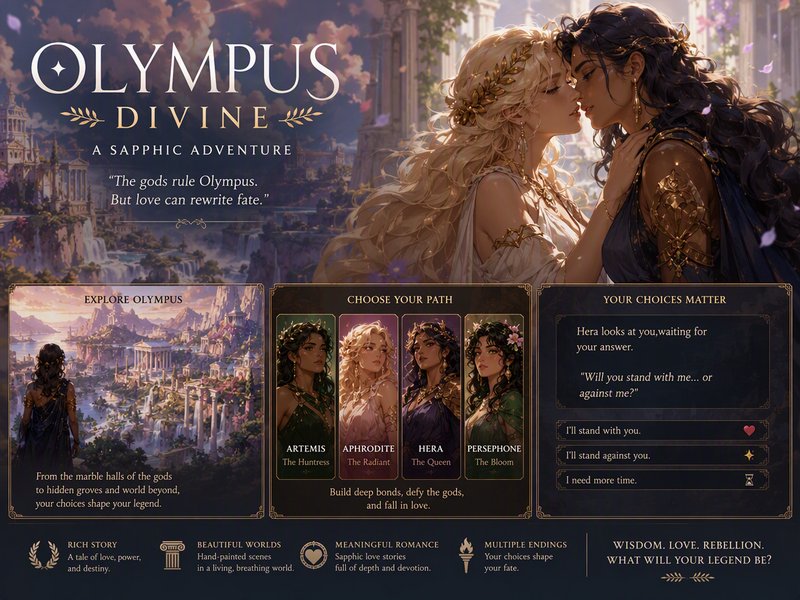 Promotional banner for Olympus Divine, a sapphic Greek mythology romance adventure game with char...