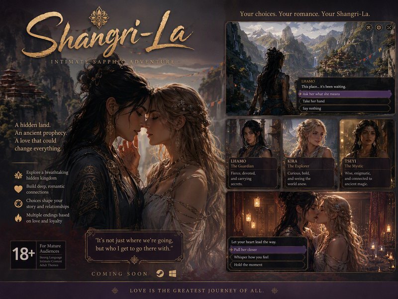 Promo banner for Shangri-La, an intimate sapphic narrative adventure game, showing lead character...