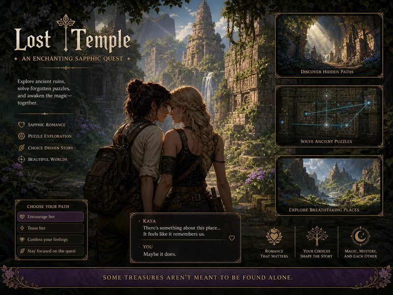 Lost Temple fantasy game UI, tender scene of two romantic female explorers overlooking overgrown ...