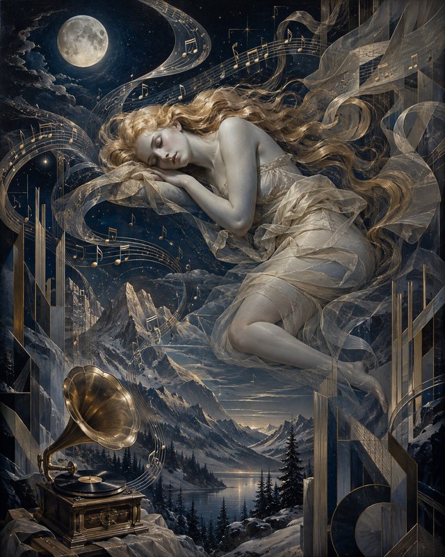Surreal fantasy art of sleeping ethereal blonde woman floating above a moonlit mountain landscape...