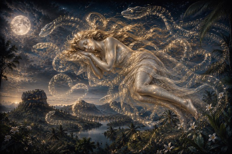 Surreal sleeping gilded feminine spirit floats surrounded by glowing musical notation serpents ov...