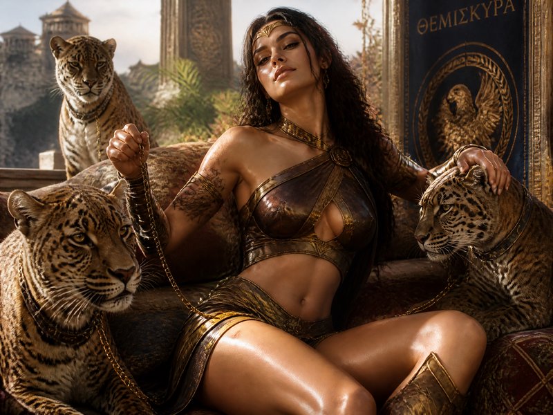 Regal Amazon warrior queen in gilded leather armor seated with collared leopards on a sunlit pala...